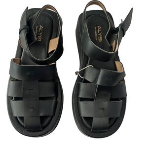 ALYSI Black Leather Strappy Platform Sandals Women's Shoe Size 39